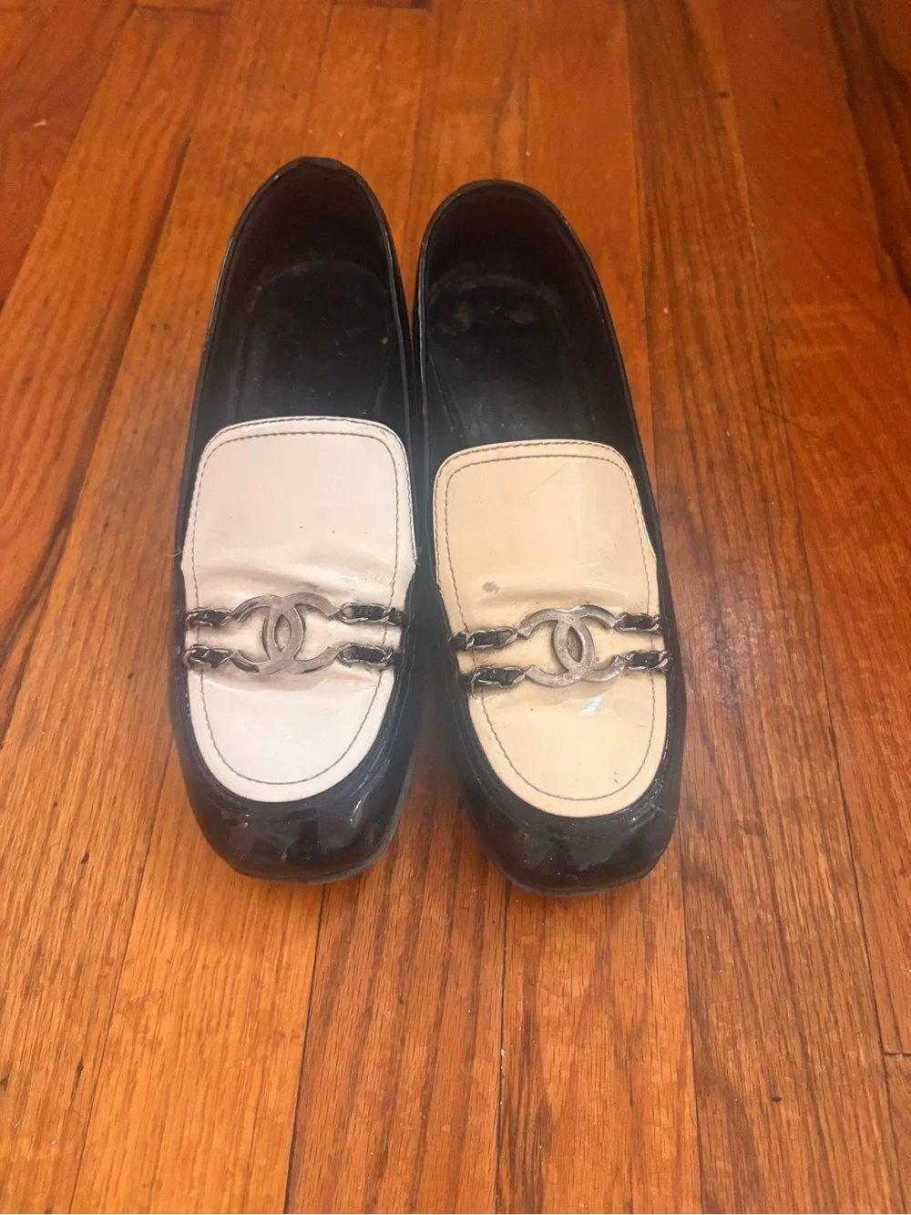 CHANEL Black Patent Leather Loafers with Cream Insets